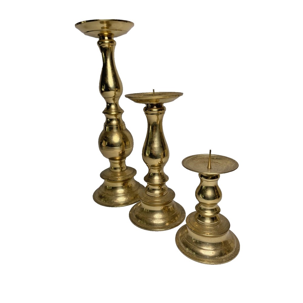 Vintage Brass Graduated Candlestick Holders Set of 3 Taper Mid Century Decor - Picture 1 of 9